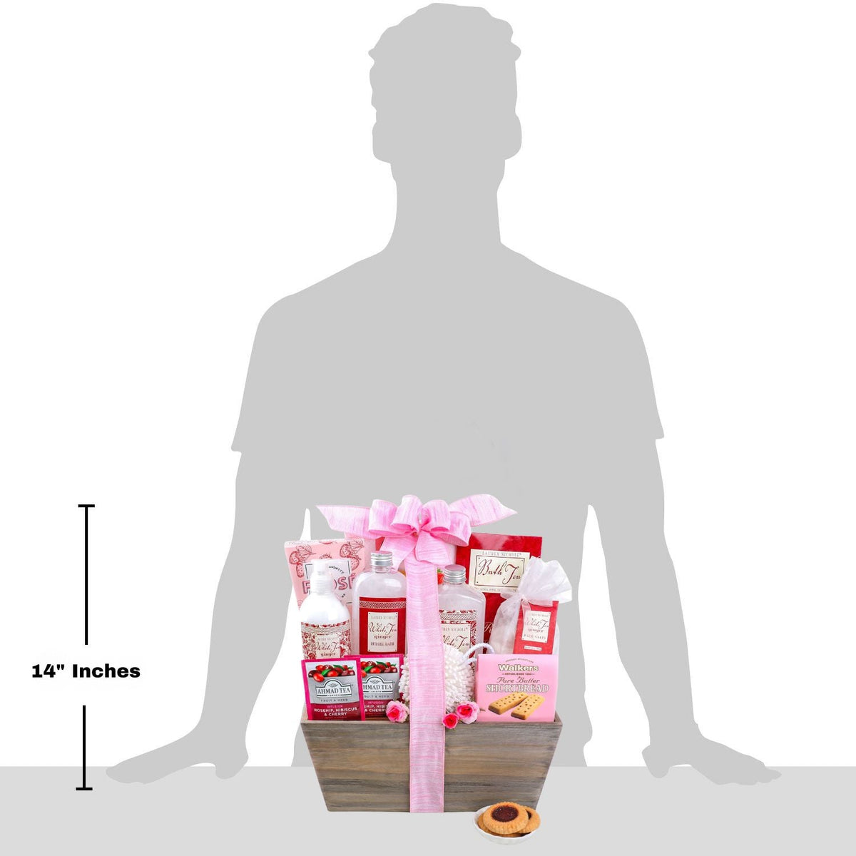 Size comparison graphic of the gift basket next to a grey human silhouette with a measurement line indicating height