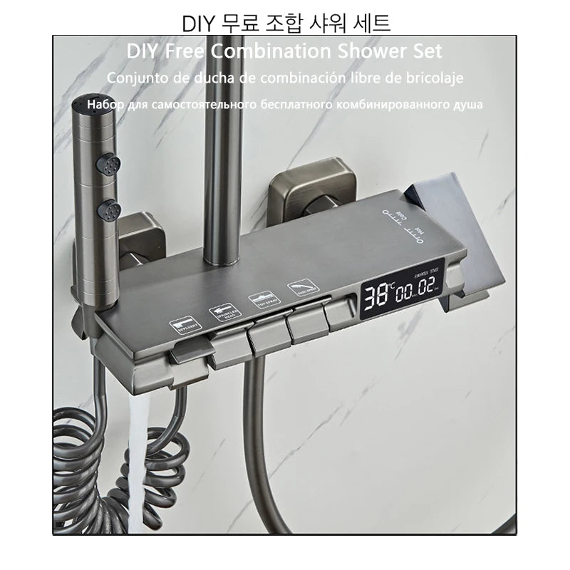 Gray Shower Set Bathroom Copper Shower System LED Digital Display Temperature Bathtub Shower Faucet DIY Shower Accessories Sets
