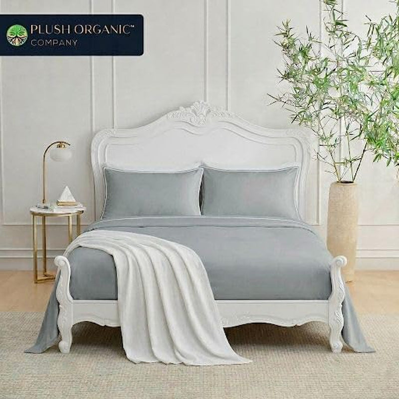 King Luxury 4 Piece Bedsheet Set, Harbor Mist with White Piping, Cooling Resort Bedding, Ultra Soft, Viscose Derived from Bamboo,Organically Grown, 300 Thread Count