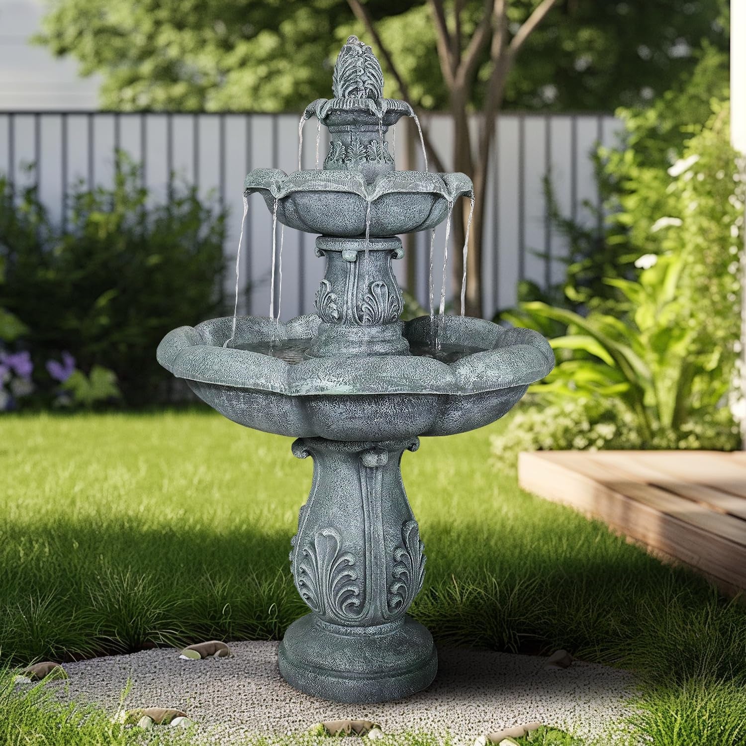 48" High 3-Tiers Modern Concrete Outdoor Water Fountain - round Large Outdoor Fountains and Waterfalls for Garden, Patio, Yard, and Deck Decor, Featuring Natural Stone Look (Grey, 48 Inch)