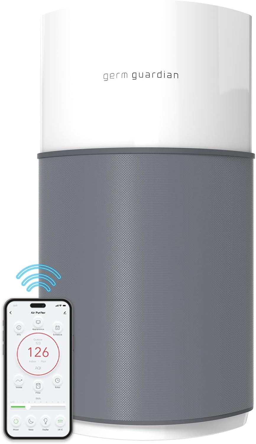 Airsafe+ XL Smart Air Purifier for Bedroom and Home - Wifi and App Enabled - 360-Degree True HEPA Filter - Filters Pet Dander, Dust, Smoke - Air Quality Monitor - AP3250 - Gray & White