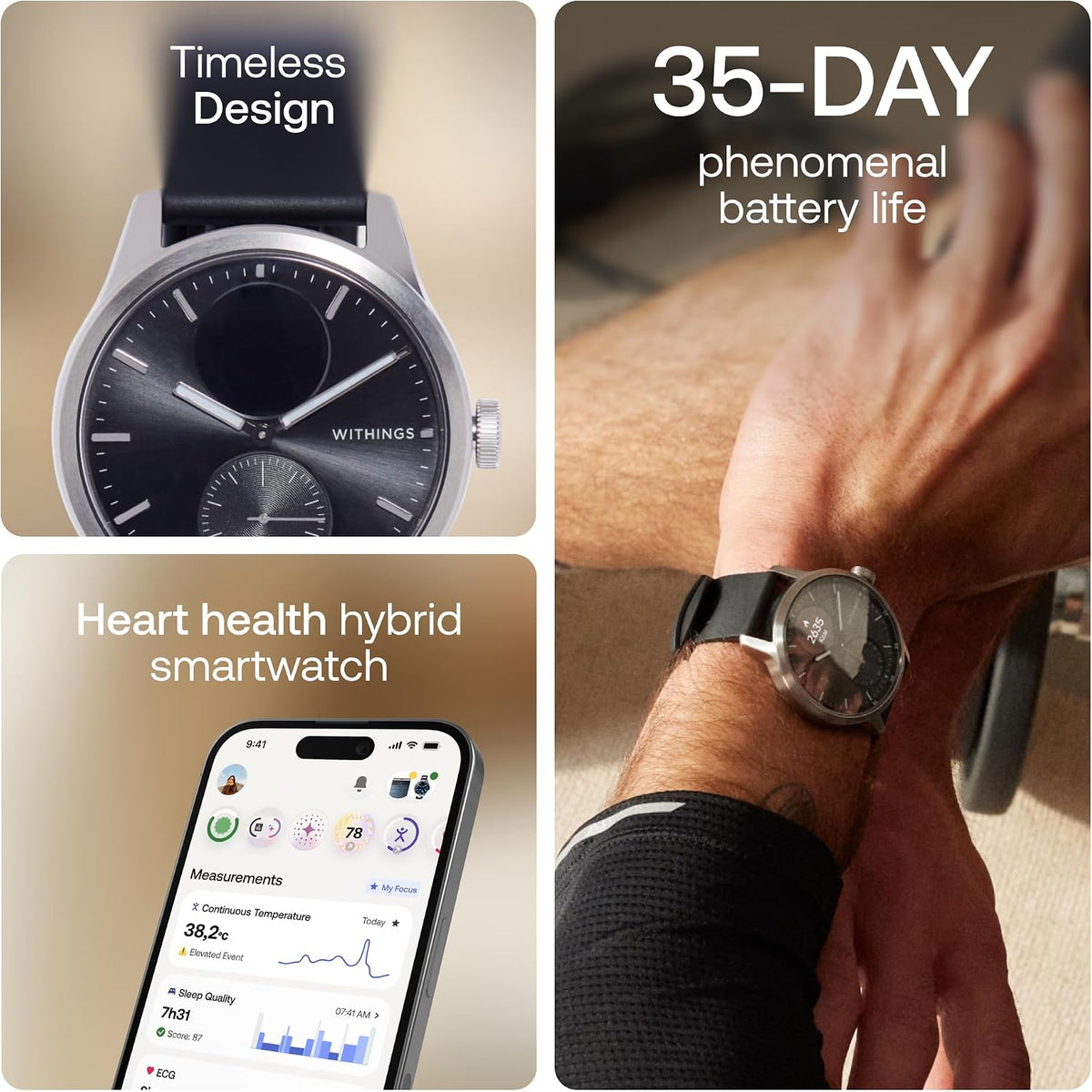 WITHINGS Scanwatch 2 - Hybrid Smart Watch, Heart Rate Monitoring, Fitness Tracker, Cycle Tracker, Sleep Monitoring, GPS Tracker, 30-Day Battery Life, Android & Apple Compatible, HSA/FSA