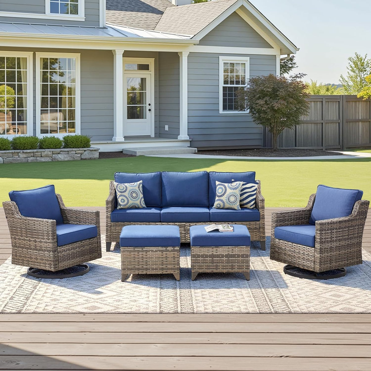 Outdoor Patio Furniture Set-5 Pieces All-Weather Wicker Outdoor Furniture with Swivel Patio Chairs Outdoor Patio Conversation Sets for Garden Porch Deck Grey/Blue