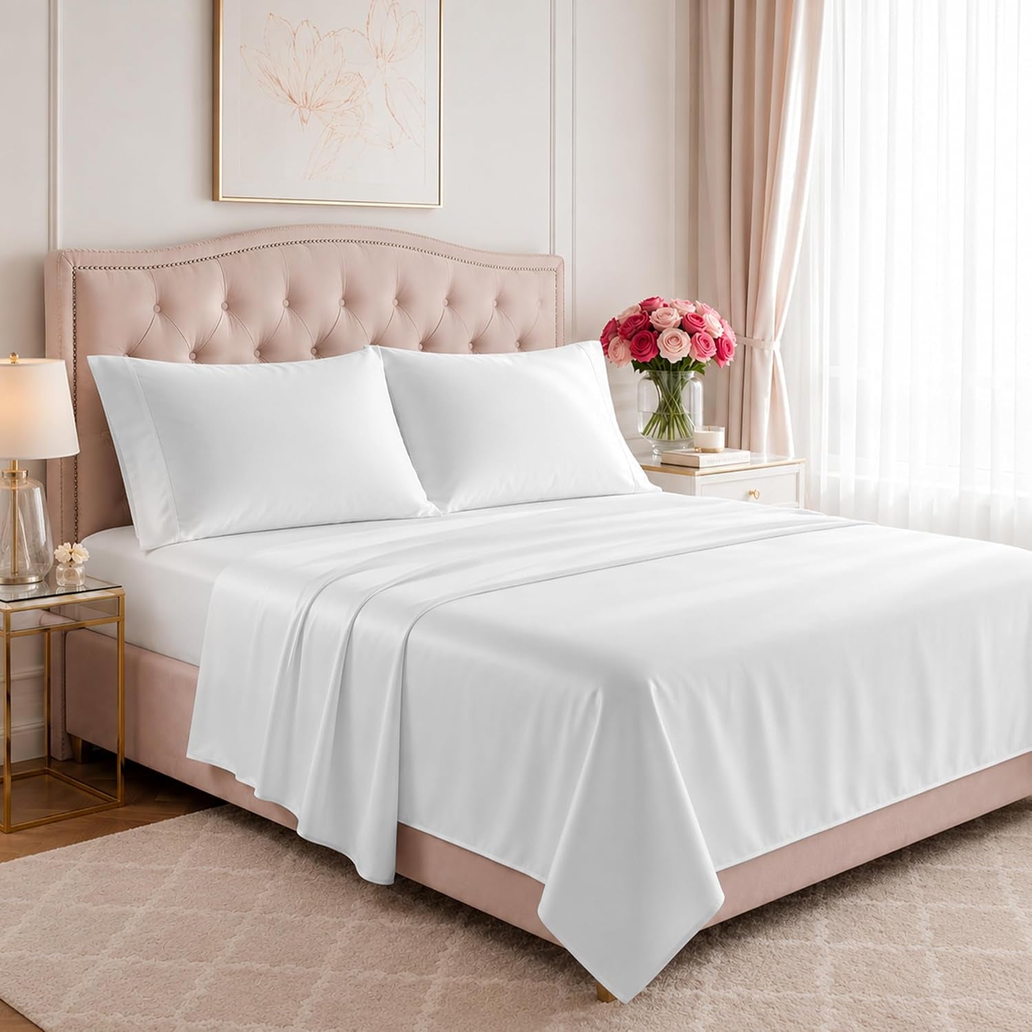Egyptian Cotton Sheets King Size - Luxury 1200 Series High Thread Count King Size Sheets Set (4 PC, White) Silky Soft, Cooling, Sateen Weave, 17" Deep Pocket, Hotel Bed Sheet Set