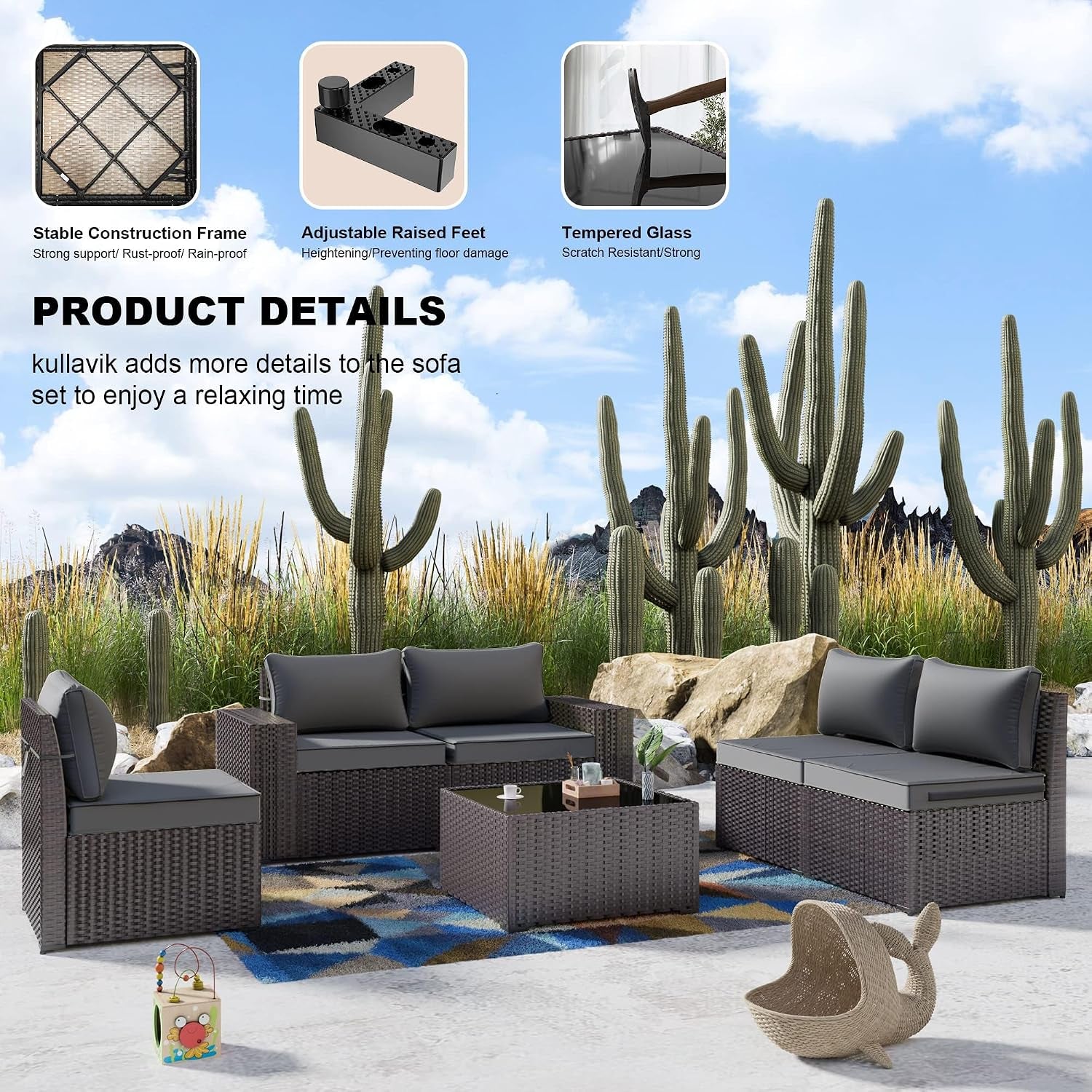 6PCS Outdoor Patio Furniture Set PE Wicker Rattan Sectional Sofa