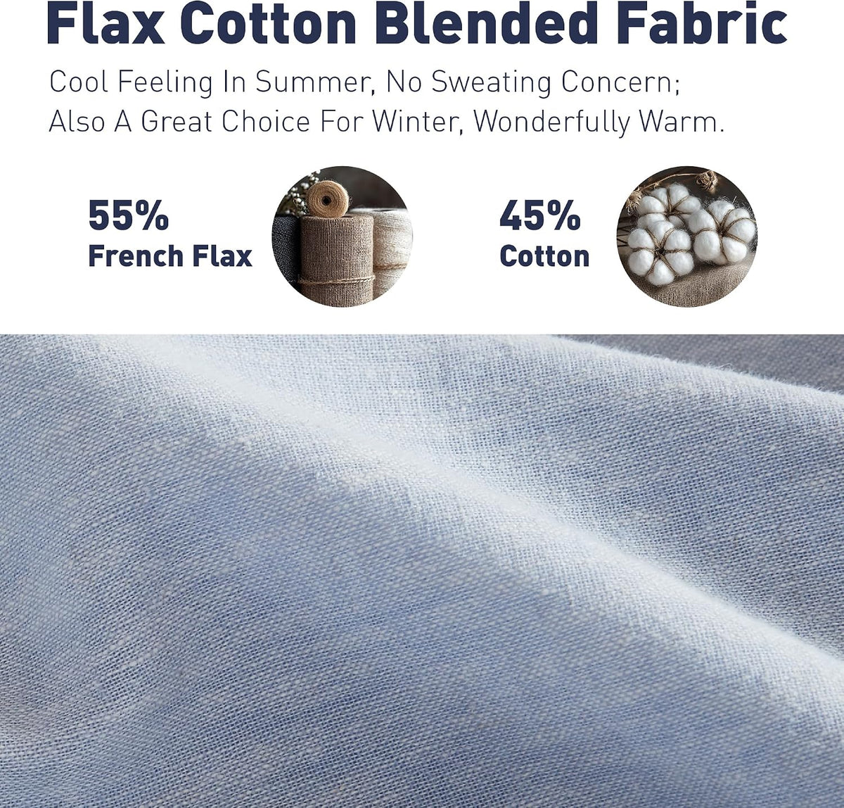 Luxurious Linen Cotton Sheet Set, Organic Linen Blend Bed Sheets - 15 Inches Deep Pocket, 4 Pcs French Flax Linen Bedding Set for All Seasons (King, Blue)