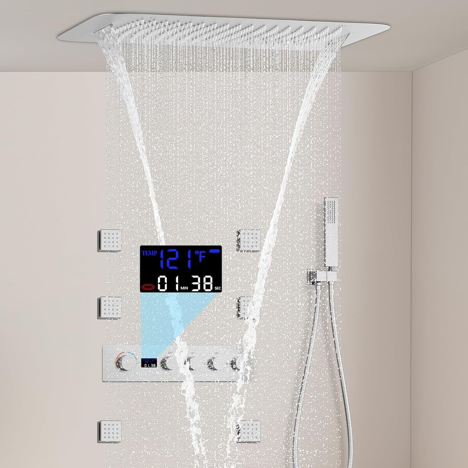 Multi Functional Thermostatic Shower Set Digital Display Rain Body Spray Bathroom Full Body Shower System with 16X24" Shower Head Brushed Nickel