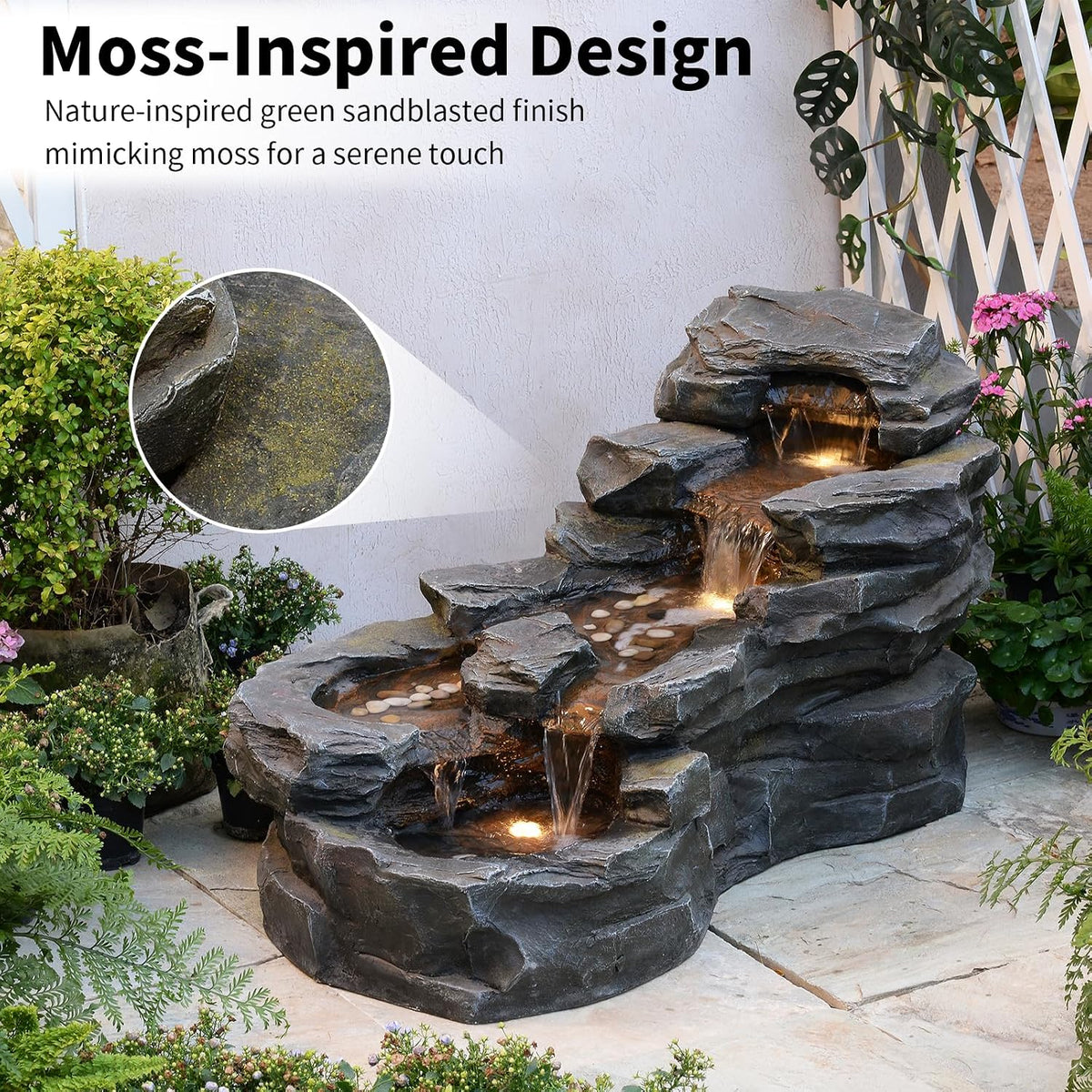 37" Water Fountain Outdoor, 5-Tier Rock Waterfall Fountain with LED Lights