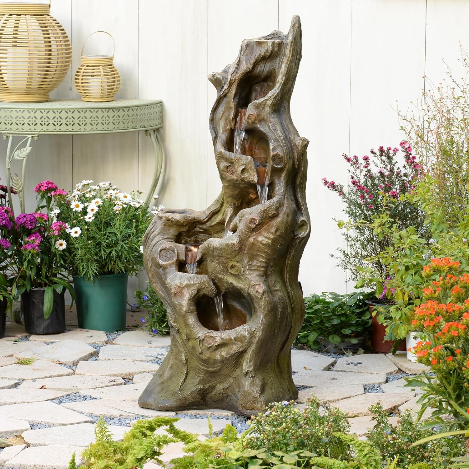 Water Fountain Outdoor, 5-Tier Cascading Realistic Tree Waterfall