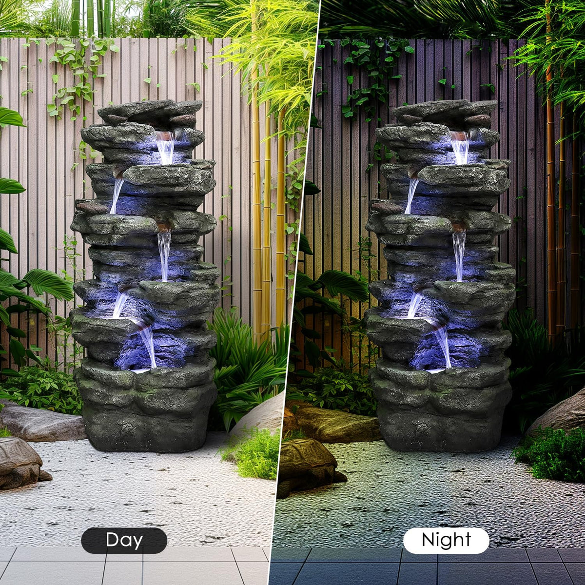 40" High 6-Tiers Cascading Rock Outdoor Water Fountain with LED Lights - Large Outdoor Fountains and Waterfalls for Garden or Patio, Yard, and Deck Decor, Featuring Natural Stone Look