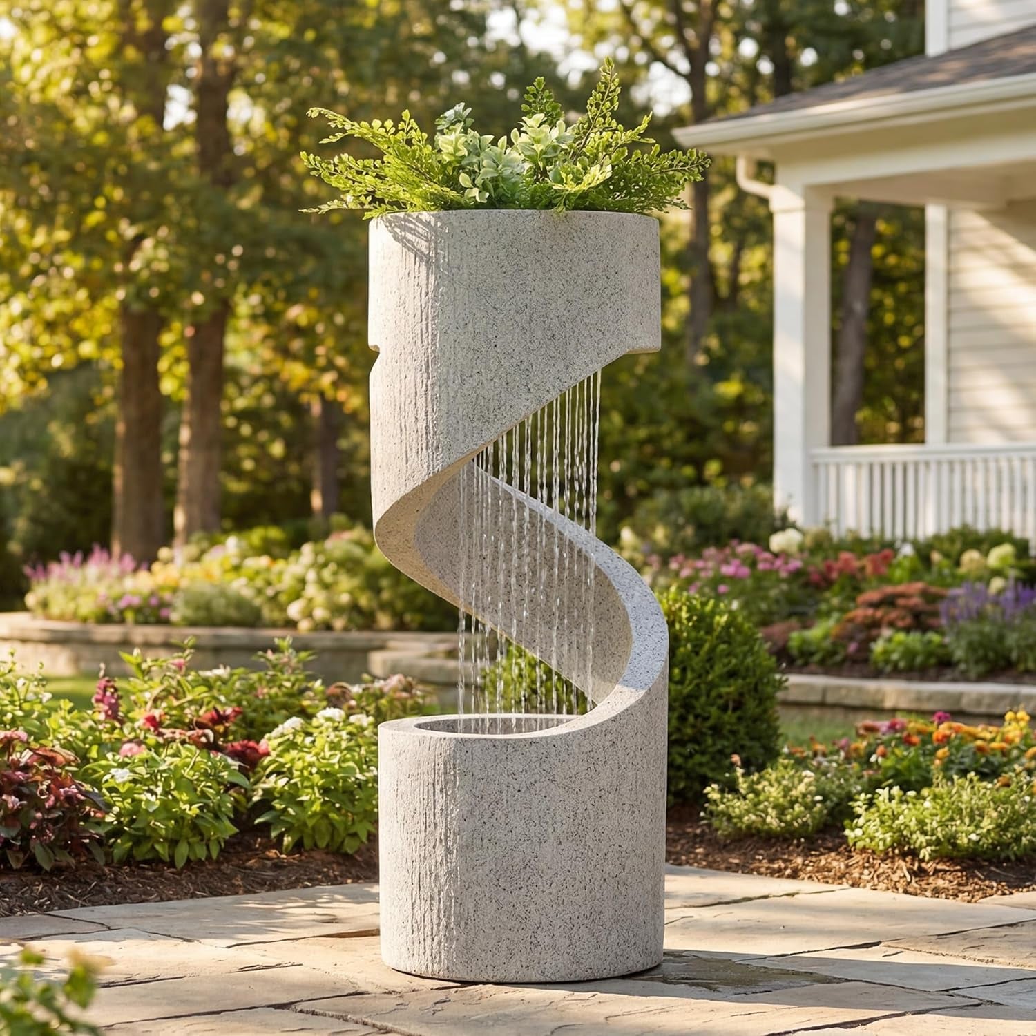 Outdoor Water Fountain with LED Light, Decorative Tiered Curved Waterfall Fountain with Stone Planter, Faux Terrazzo Spiral Shaped Outdoor Fountains for Garden Deck Patio Porch, 31.25”H