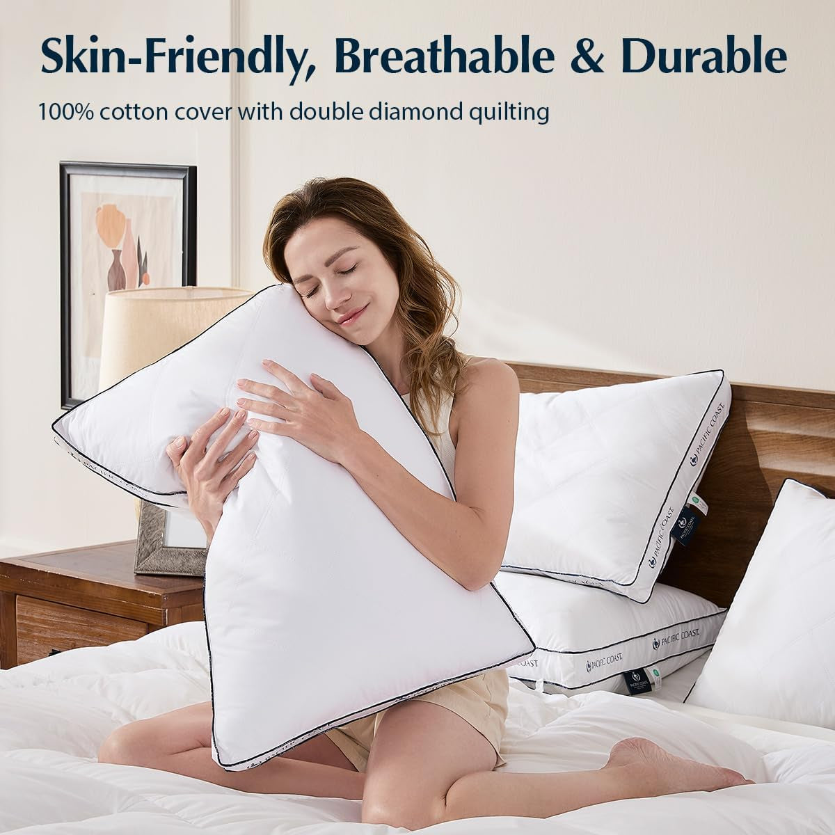 Goose Feather and down Firm Pillows Queen Size Set of 2, Bed Pillows for Side and Back Sleepers, Supportive Gusseted Hotel Collection Pillow with 100% Cotton Shell