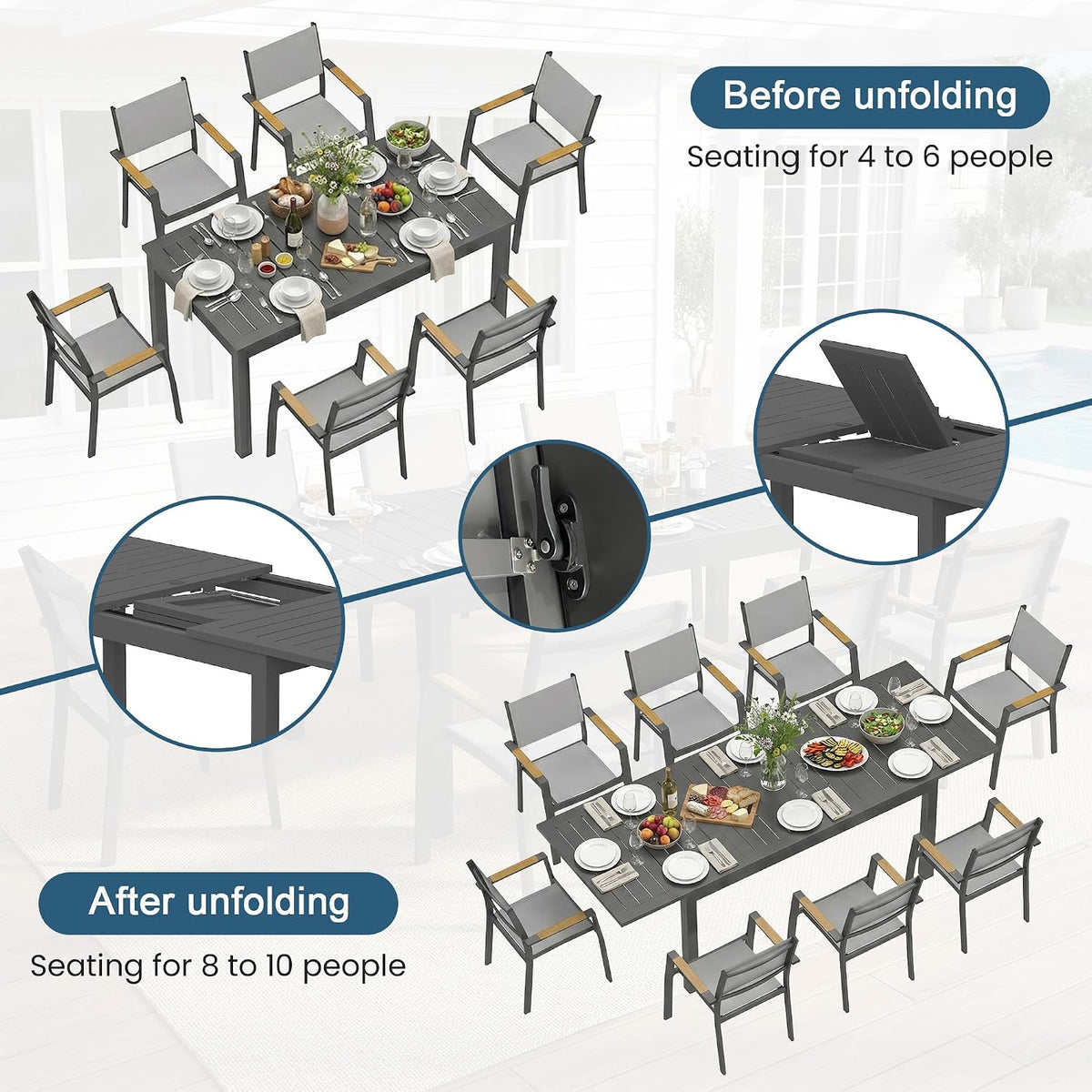 Aluminum Outdoor Patio Table and Chairs Set with 91.7" L-62 L Expandable Dining Table, 9-Pieces Outdoor Dining Set for 8, Patio Furniture Set with Stackable Quick Drying Chairs, Grey
