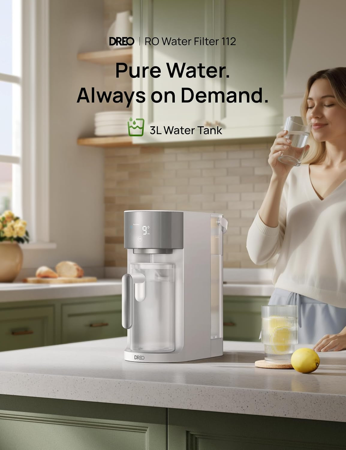 DREO Reverse Osmosis Water Filter Countertop, RO Filtration System, 3:1 Pure to Drain, TDS & Filter Life & Autofill Pitcher, Installation-Free, Self-Cleaning Water Purifier, RO Water Filter
