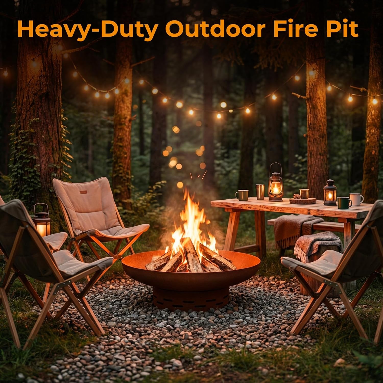 Fire Pit for outside Wood Burning, 27.5 Inch round Firepit Bowl Outdoor and Patio, Heavy-Duty Steel Bonfire Pit Oxidized Finish, Free-Standing, Camping Backyard Terrace