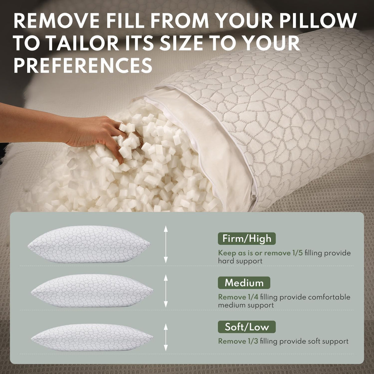 Pillows Queen Size Set of 2 - Cooling Shredded Memory Foam Pillow for Sleeping 2 Pack, Adjustable Cool Bed Pillows for Side, Back, and Stomach Sleepers, Gel Pillow Washable Removable Cover