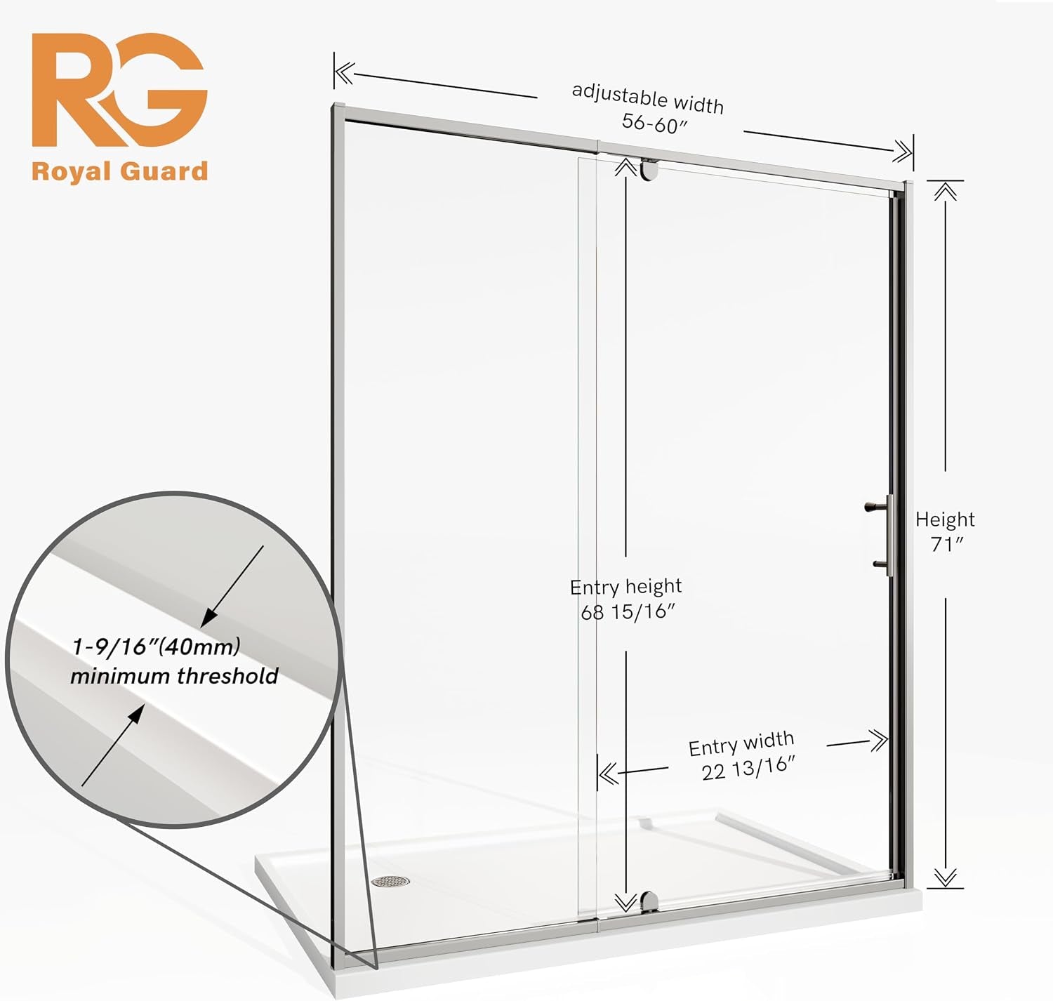 56-60" W X 71" H Pivot Swing Glass Shower Door,Chrome