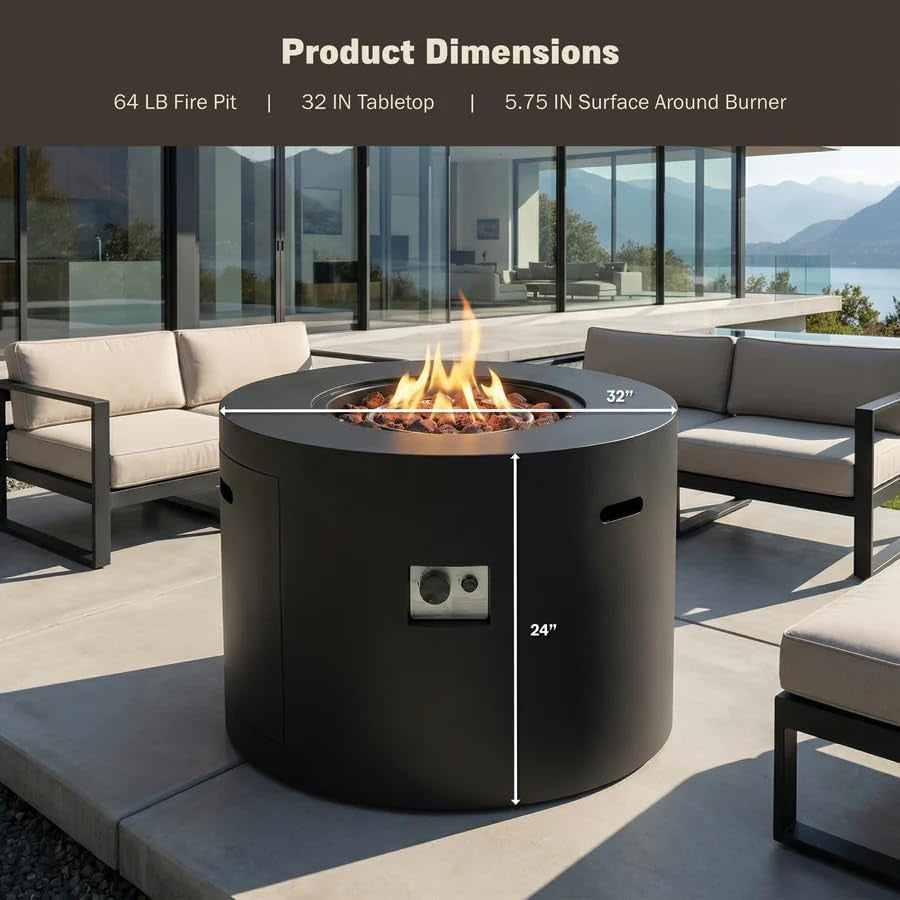 32" Propane Fire Pit Table round Smokeless W/Lid Alloy Steel Outdoor Gas Firepit Table 50,000 Btus Includes Lava Rocks and Weatherproof Cover for Wooden Deck Backyard and Pool (Black)