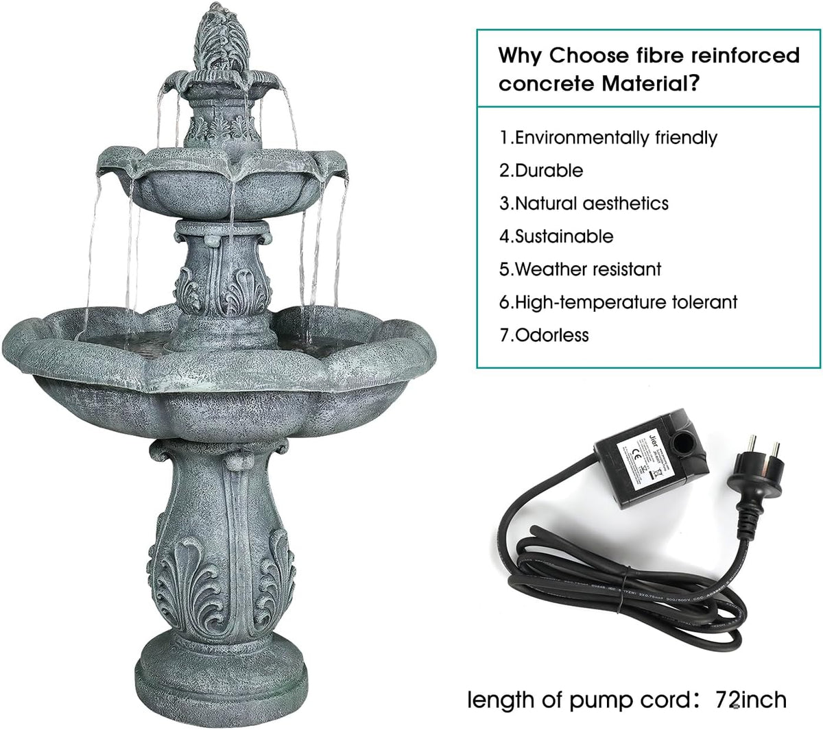 48" High 3-Tiers Modern Concrete Outdoor Water Fountain - round Large Outdoor Fountains and Waterfalls for Garden, Patio, Yard, and Deck Decor, Featuring Natural Stone Look (Grey, 48 Inch)