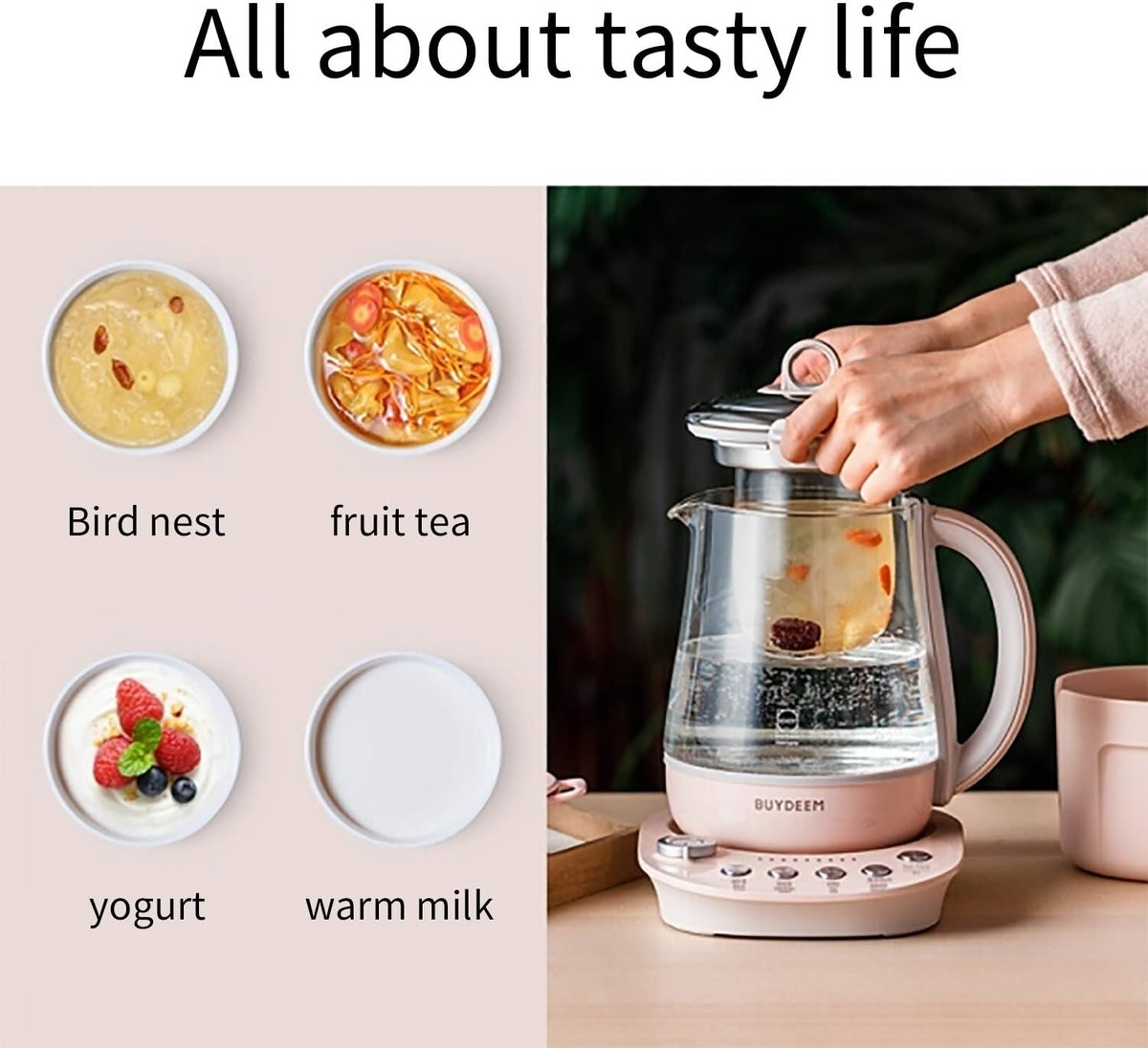K2693 Health Pot, Health-Care Beverage Electric Kettle with Thickened Glass, 9-In-1 Fully Automatic Programmable Brew Cooker, 1.5 L, Pink