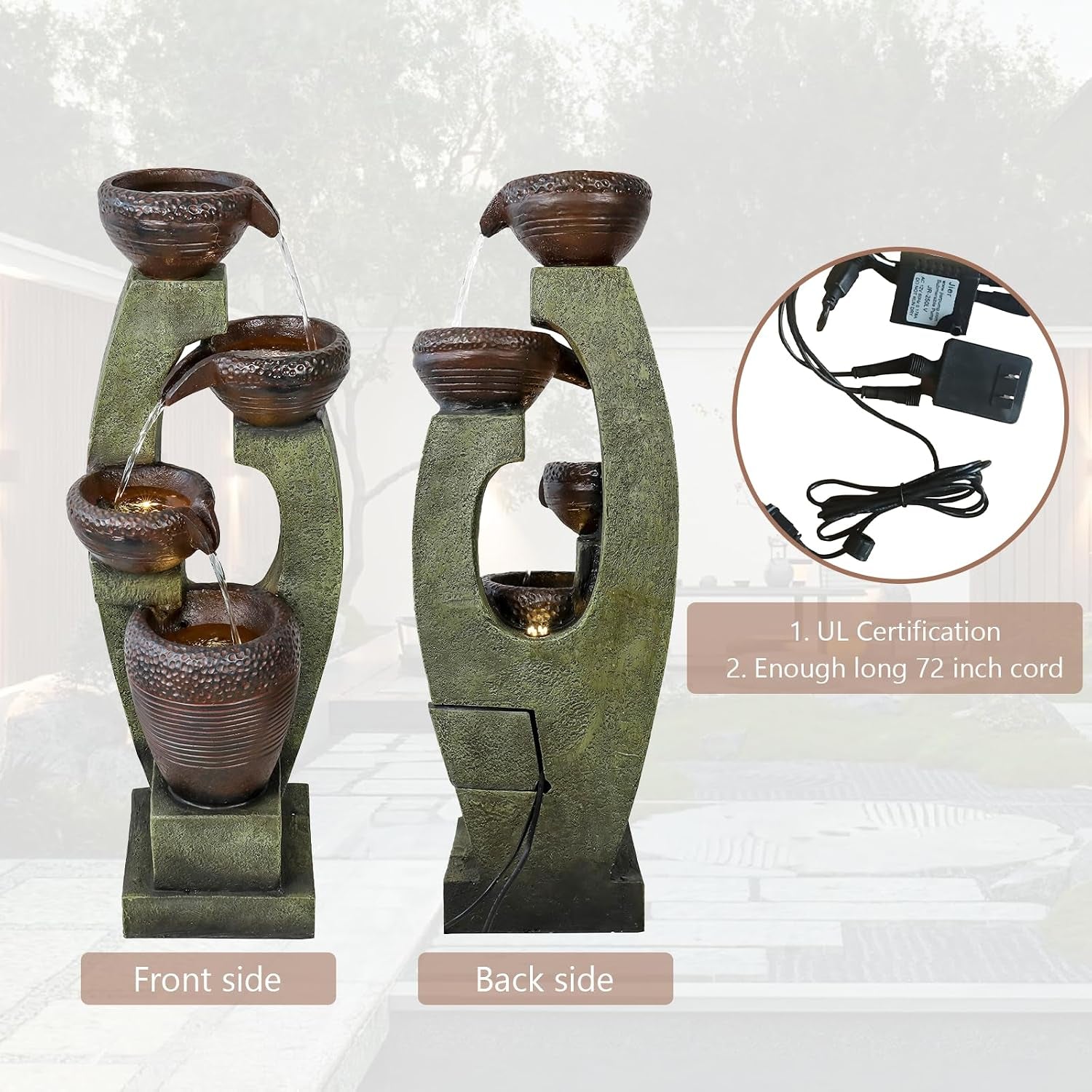 40” H Modern Outdoor Fountain - 4 Crocks Outdoor Garden Fountains with Contemporary Design&Led Light for Garden, Patio, Deck, Porch, Backyard and Home Art Decor (40In, Light Gray)