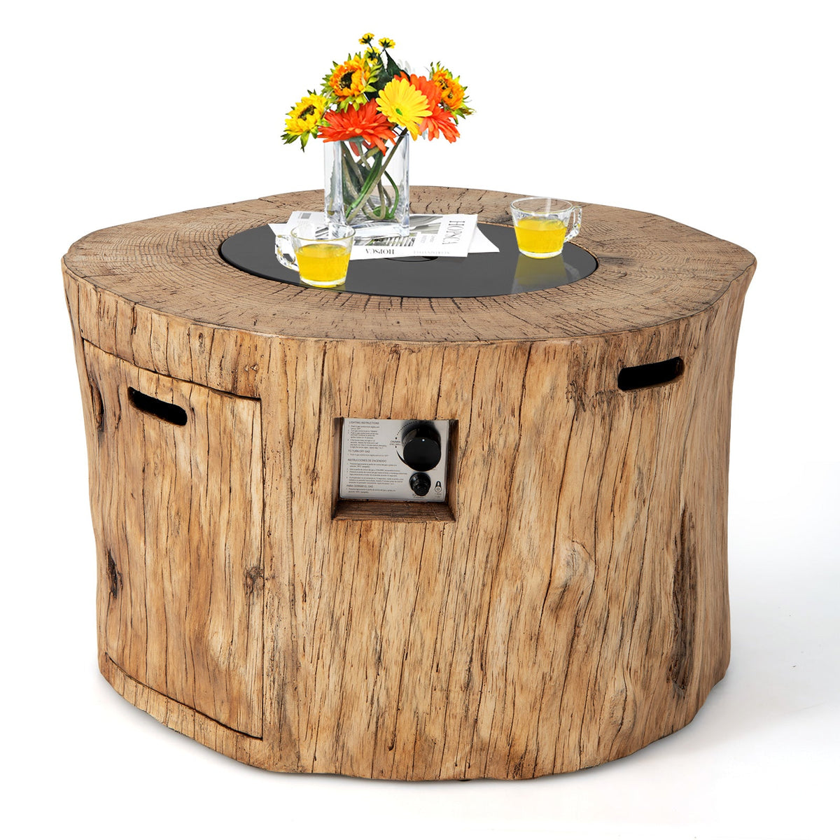 40 Inch Round Propane Gas Fire Pit Table Wood-Like Surface with Laval Rock PVC Cover