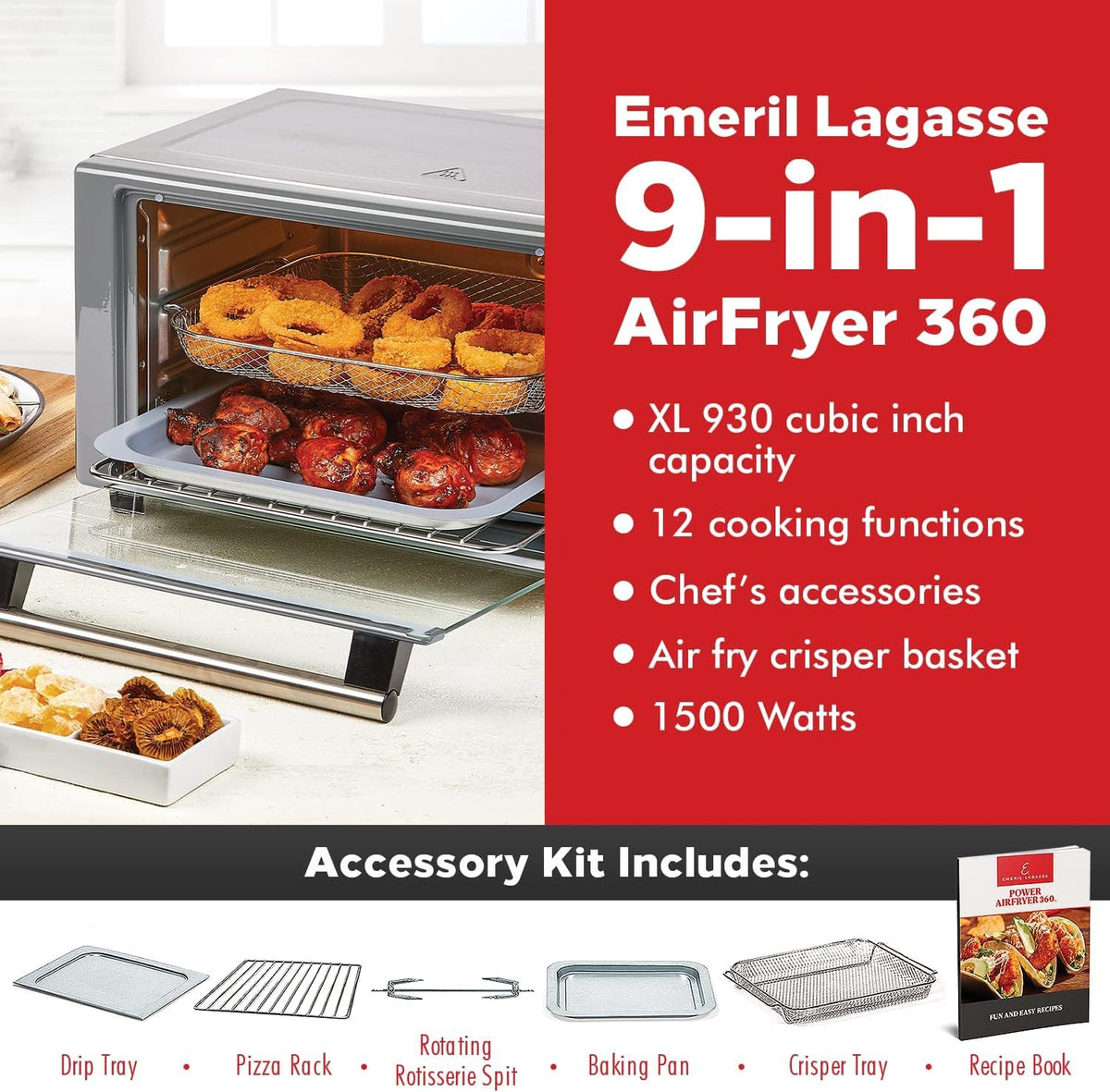 Open Emeril Lagasse air fryer oven displaying onion rings and chicken with red sidebar listing 9-in-1 features