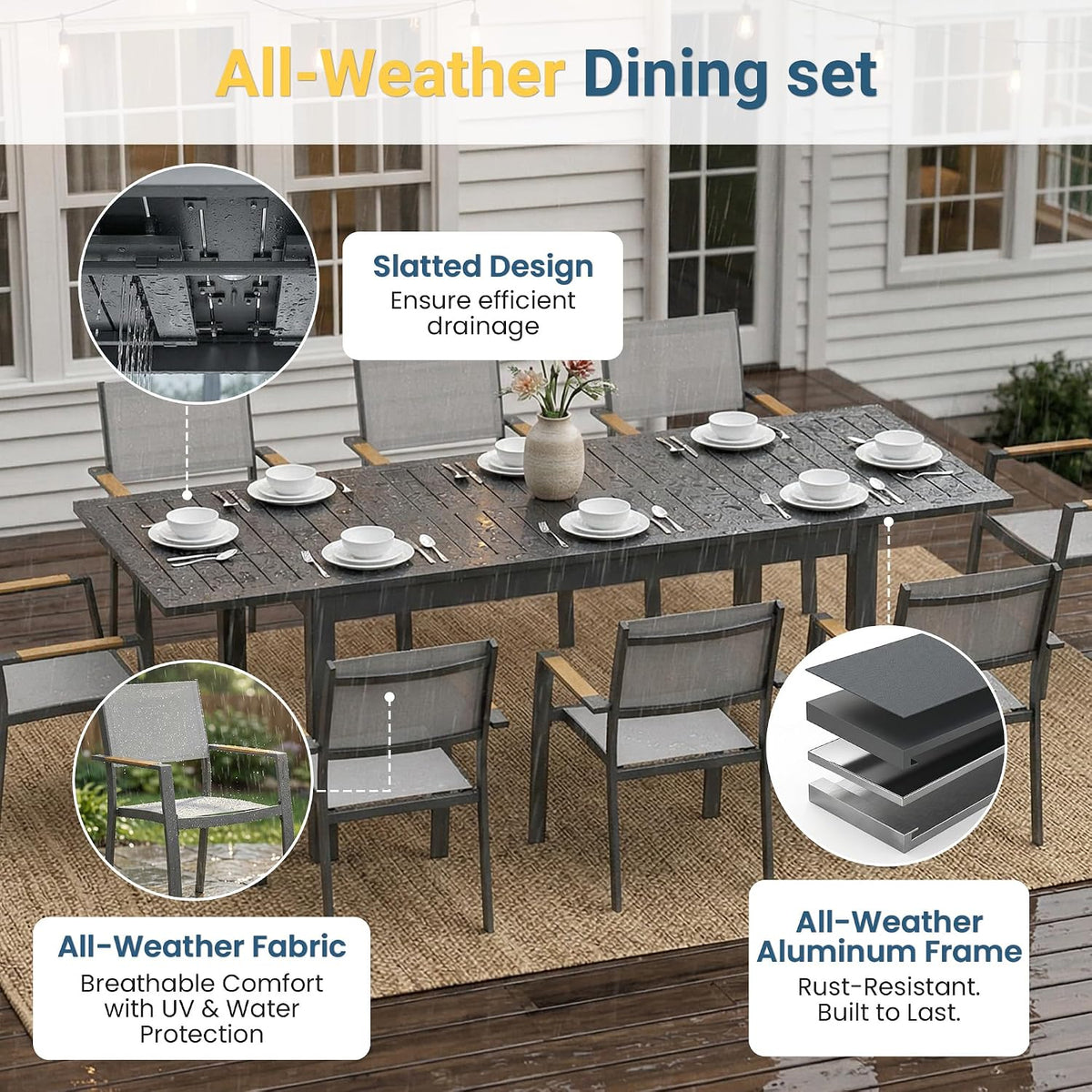 Aluminum Outdoor Patio Table and Chairs Set with 91.7" L-62 L Expandable Dining Table, 9-Pieces Outdoor Dining Set for 8, Patio Furniture Set with Stackable Quick Drying Chairs, Grey