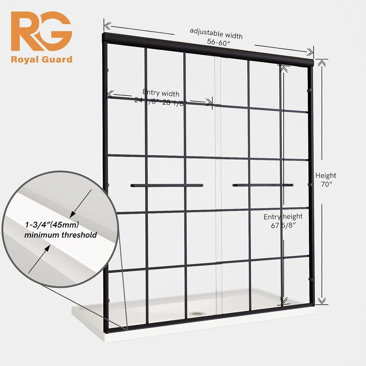 Double Sliding Shower Door,56-60" W X 72" H,Grid Pattern