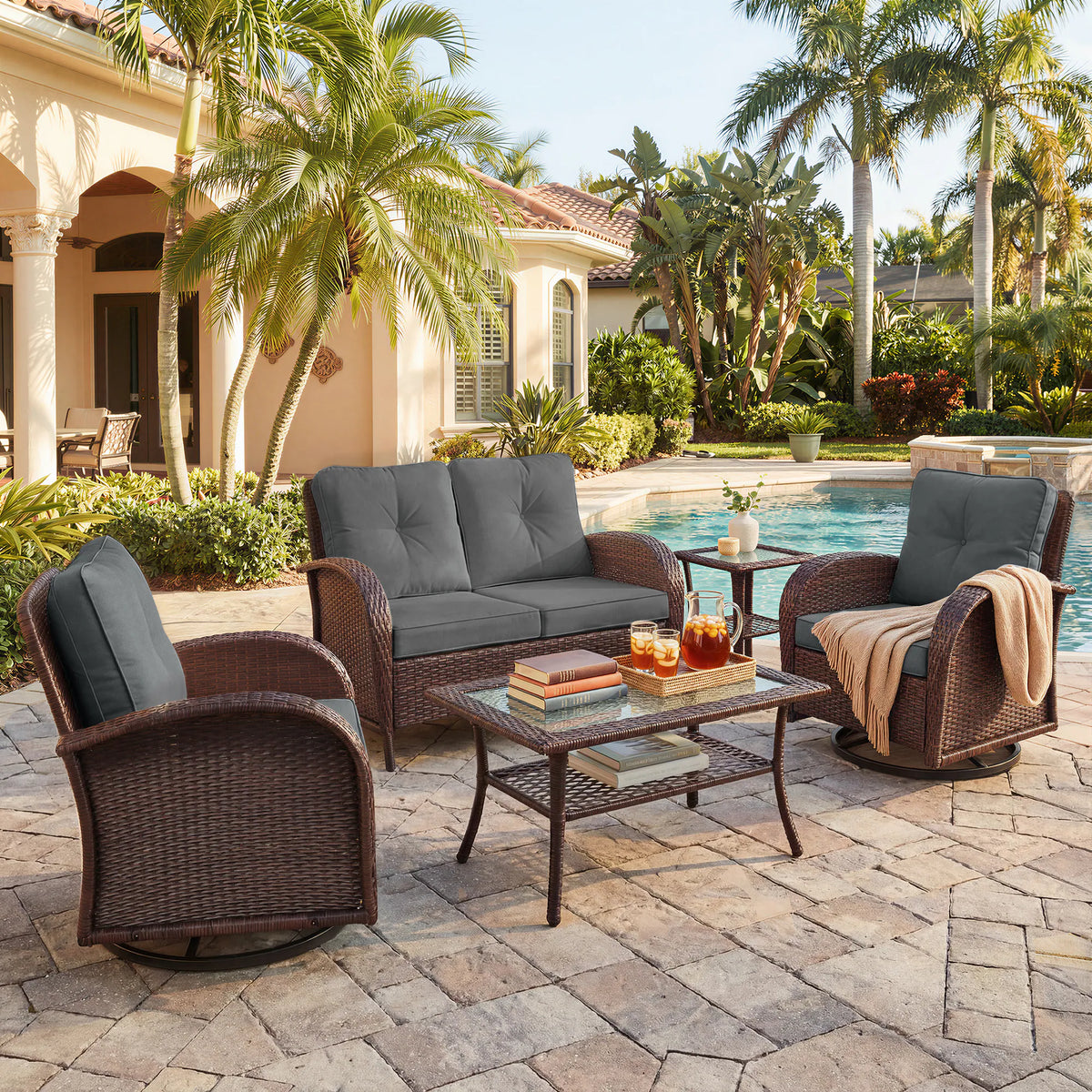 5 -Piece Wicker Patio Conversation Set with Navy Cushions Included