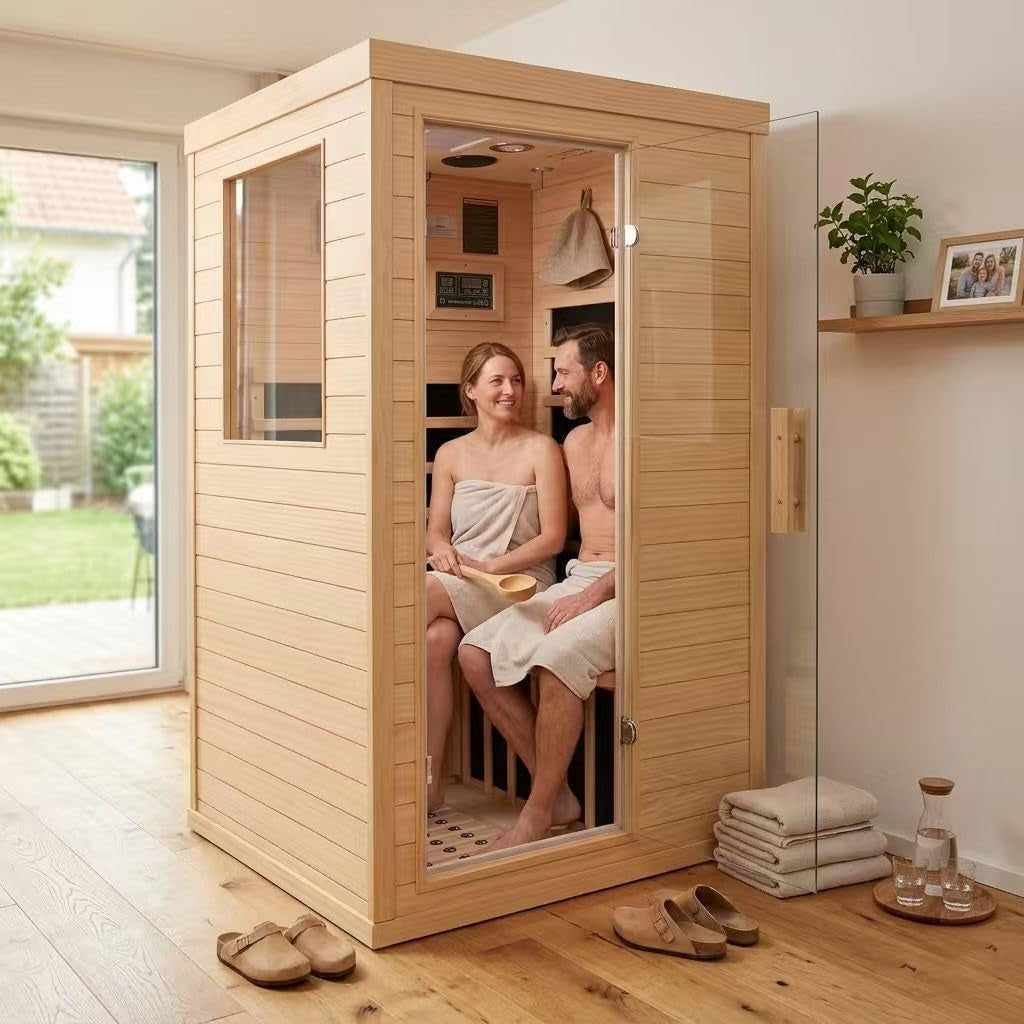 Far Infrared Sauna 2 Person for Home, Hemlock Wood Double Sauna with Side Door, 110V 2000W 8 Mica Heating Panels, Bluetooth FM, 6Mm Tempered Glass, LCD Controller, Home Spa Dry Sauna Room