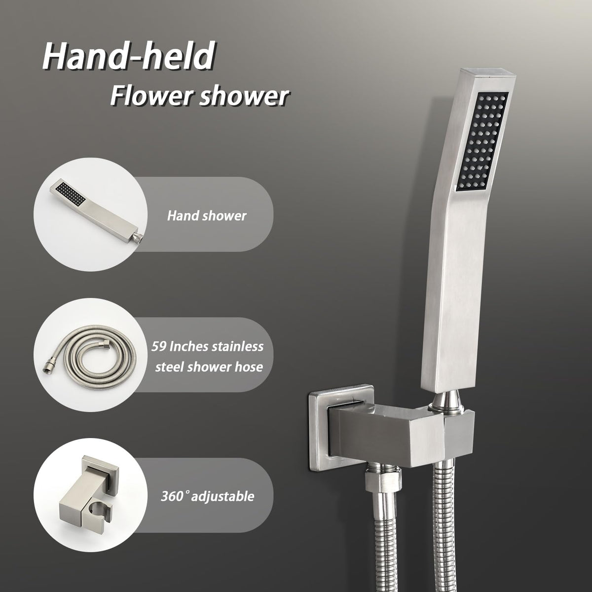 Ceiling-Mounted Rainfall Shower System Shower Head Hand Held Square Shower Head Bathroom Luxury Rain Shower Complete Combo Set (12", Brushed Nickel)
