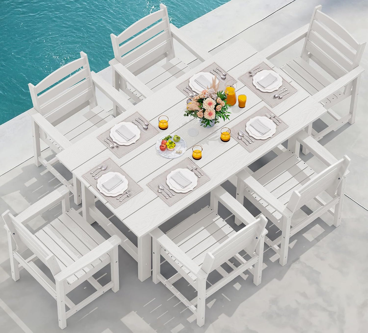 7 Pcs Outdoor Dining Set, 67" HDPE Dining Set for 6, White