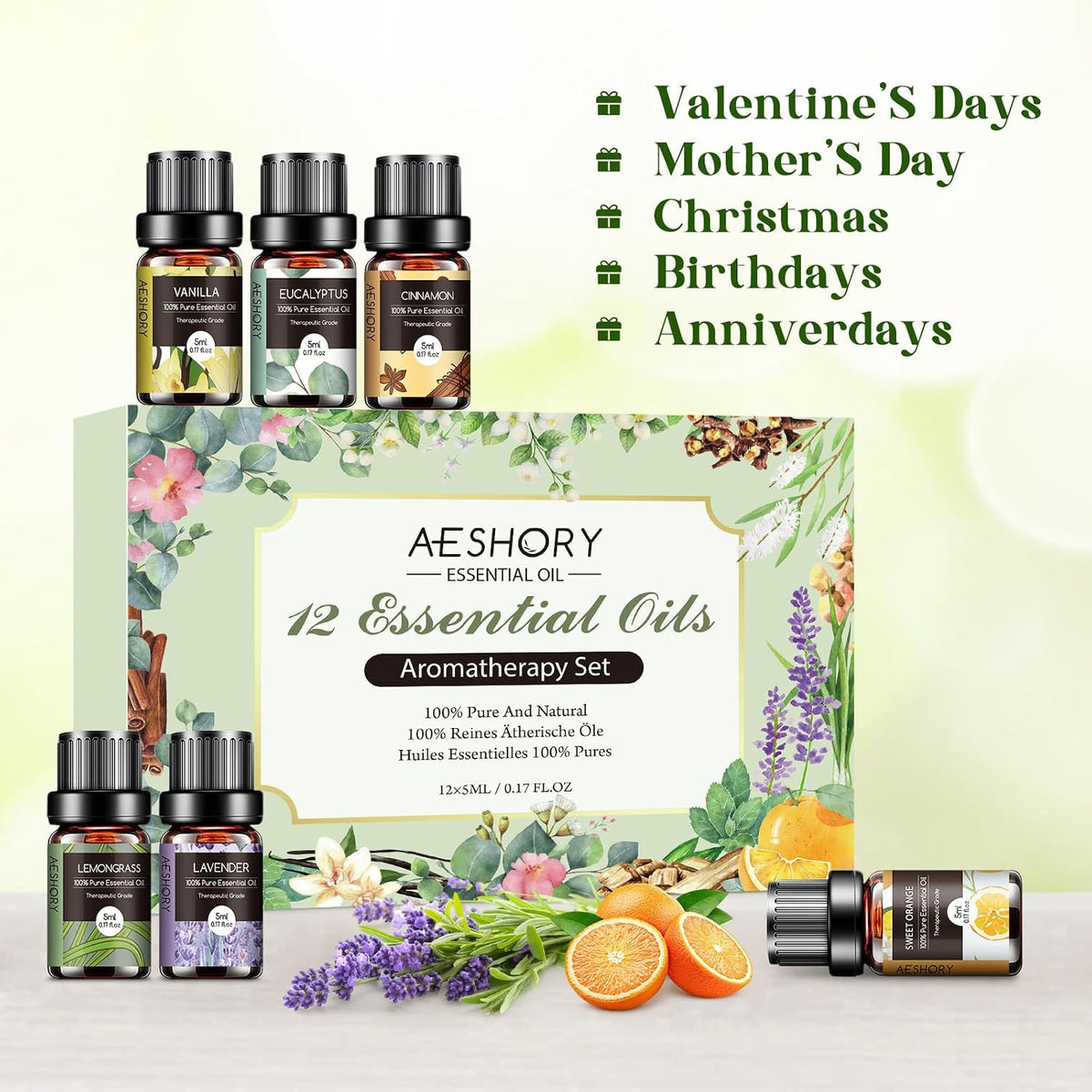 Essential Oils Set - 12 Pcs Organic Aromatherapy Essential Oil Kit for Diffuser, Humidifier, Aromatherapy, Massage, Soap, Candle Making (5Ml)
