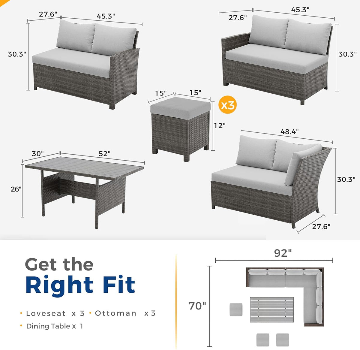 7 Piece Patio Furniture Set, Patio Sectional for All Weather