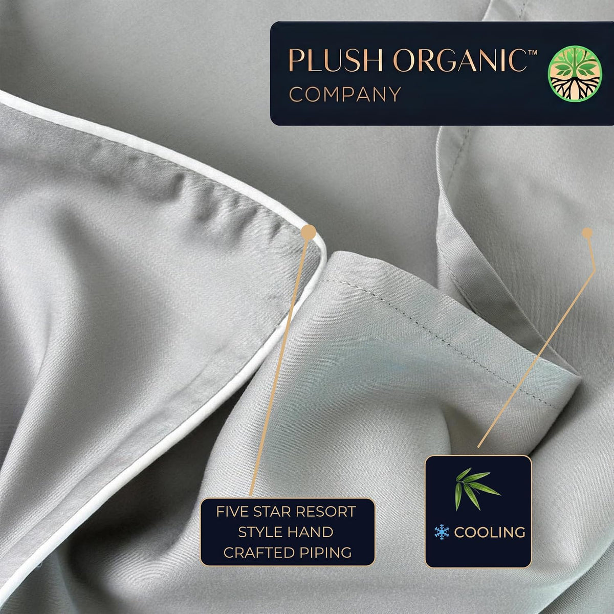 King Luxury 4 Piece Bedsheet Set, Harbor Mist with White Piping, Cooling Resort Bedding, Ultra Soft, Viscose Derived from Bamboo,Organically Grown, 300 Thread Count