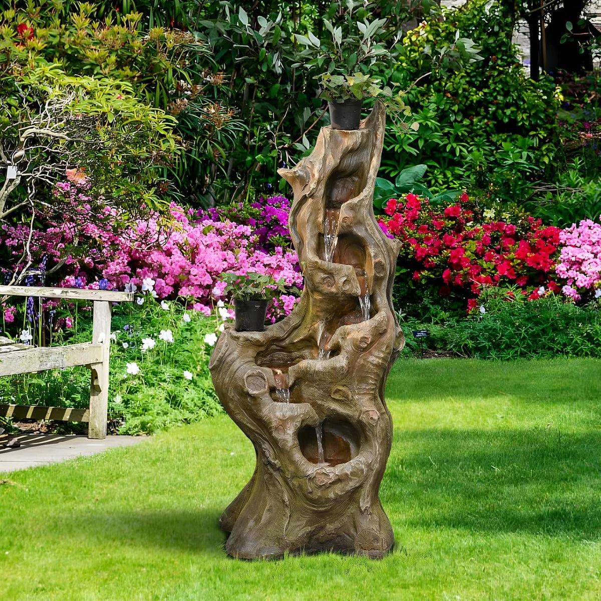Water Fountain Outdoor, 5-Tier Cascading Realistic Tree Waterfall