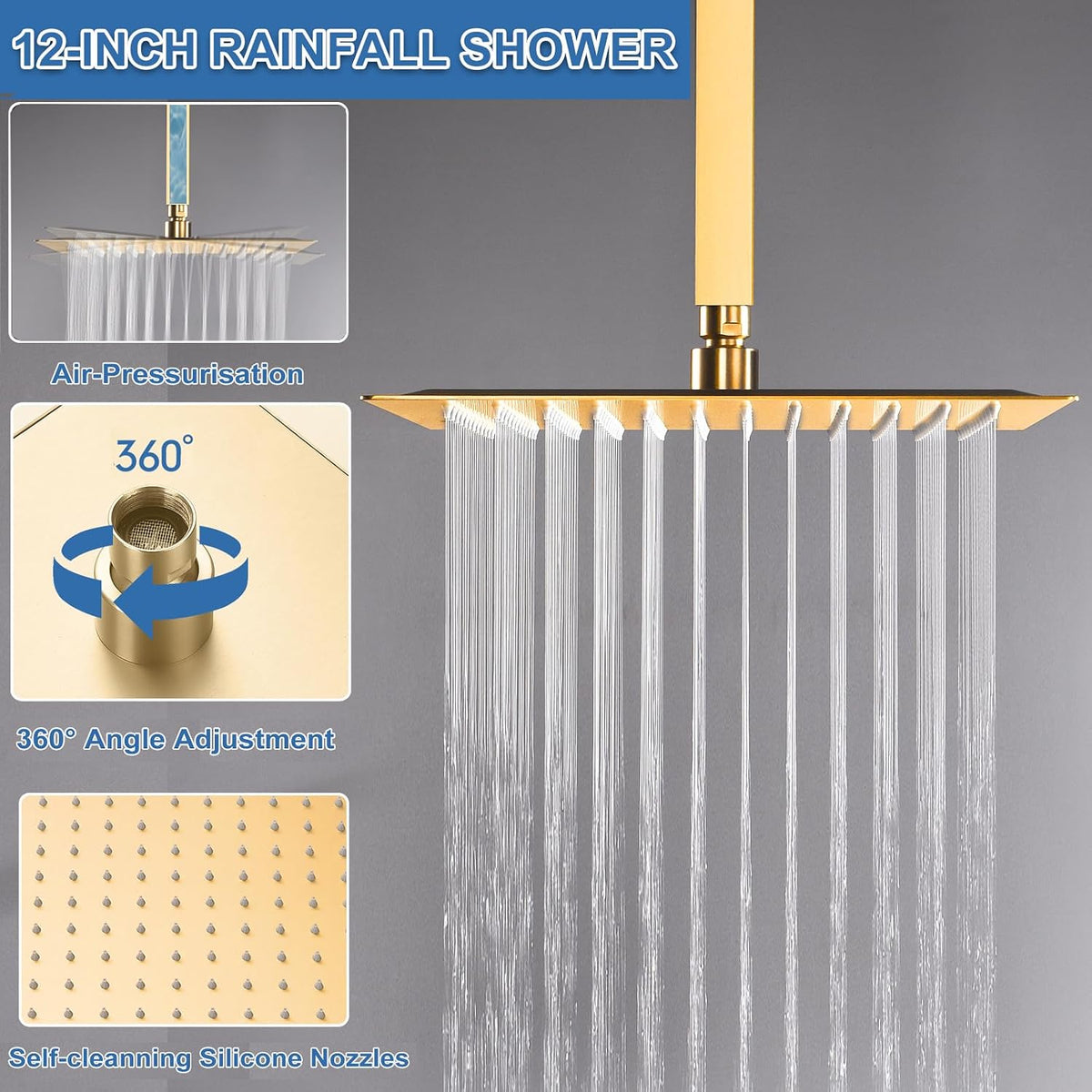 Dual Shower Head System Brushed Gold 12" Ceiling Mount Rainfall Shower and 6" Wall Mounted Shower Head System with Handheld Spray, Push Button Diverter Shower Faucet Set, Can All Run Together