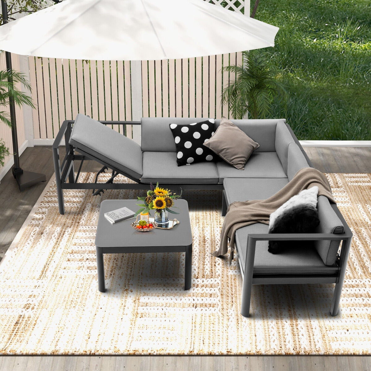3 Pieces Aluminum Patio Furniture Set with 6-Level Adjustable Backrest-Gray
