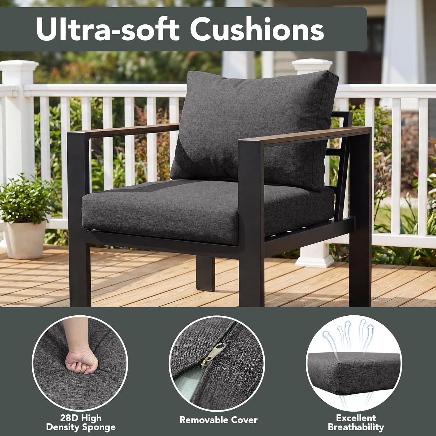 Patio Furniture Set 5 Seats and Coffee Table, Patio Conversation Set with Washable Thick Cushions, Deluxe Aluminum Modern outside Sectional for Porch, Balcony, Deck, Yard, Dark Gray