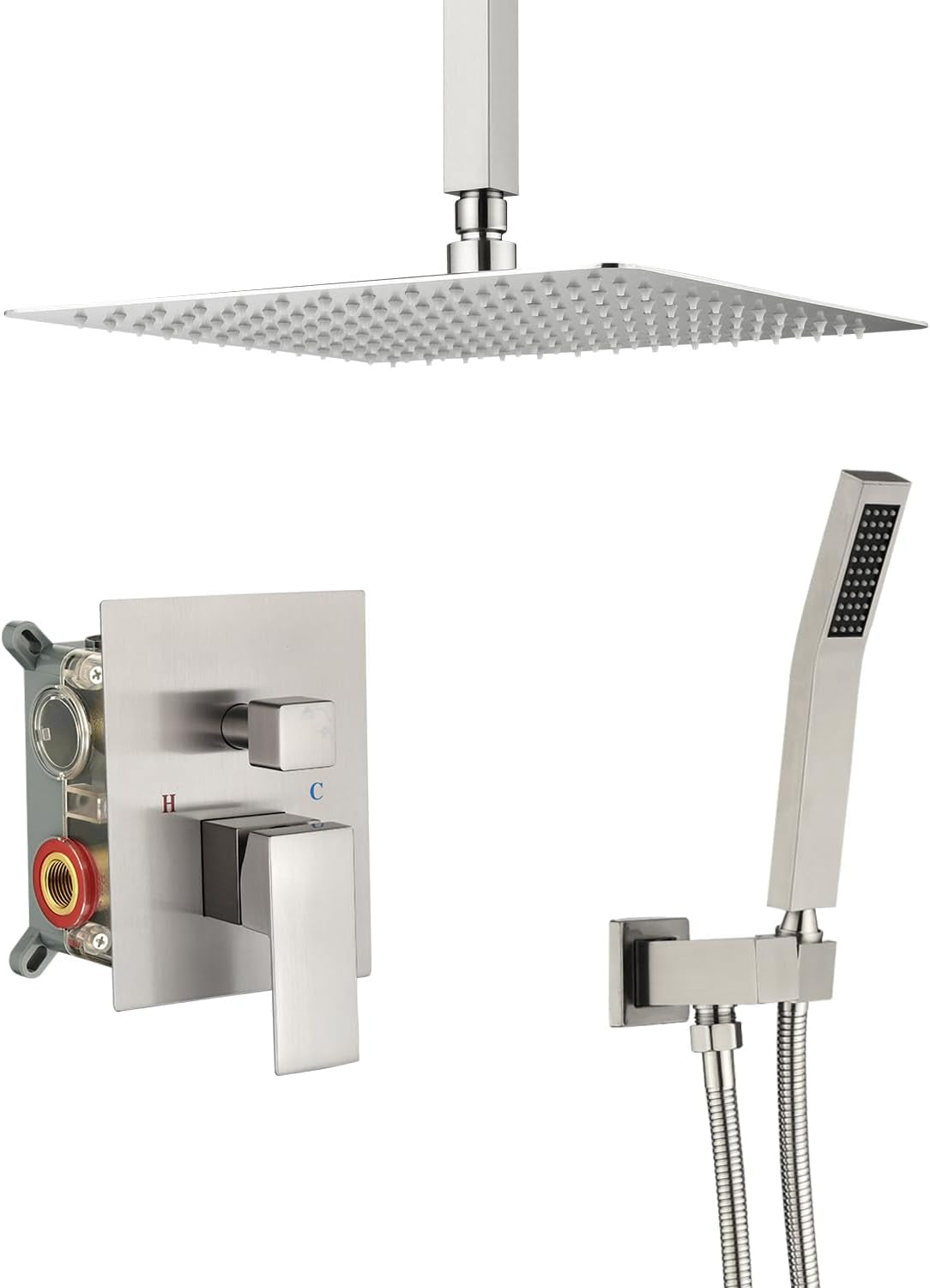 Ceiling-Mounted Rainfall Shower System Shower Head Hand Held Square Shower Head Bathroom Luxury Rain Shower Complete Combo Set (12", Brushed Nickel)