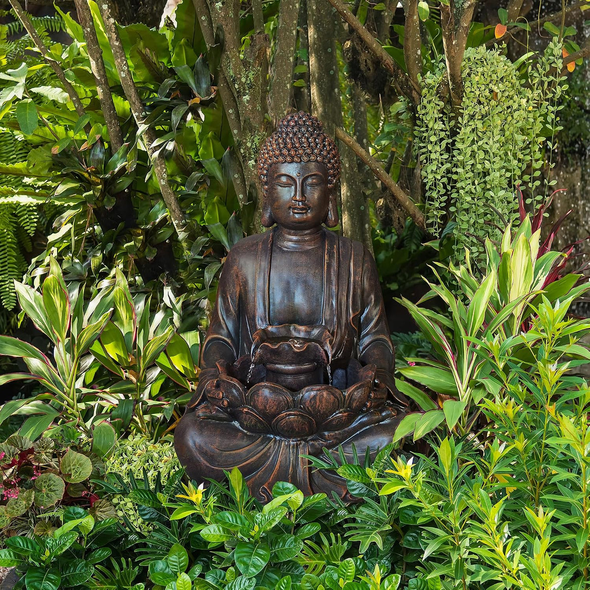 Buddha Fountain with Pump & LED Light, 2 Tier Zen Style Meditating Buddha Water Fountain Outdoor Fountains and Waterfalls Floor Fountains Buddhas Statues for Garden Patio Backyard 23.25" H
