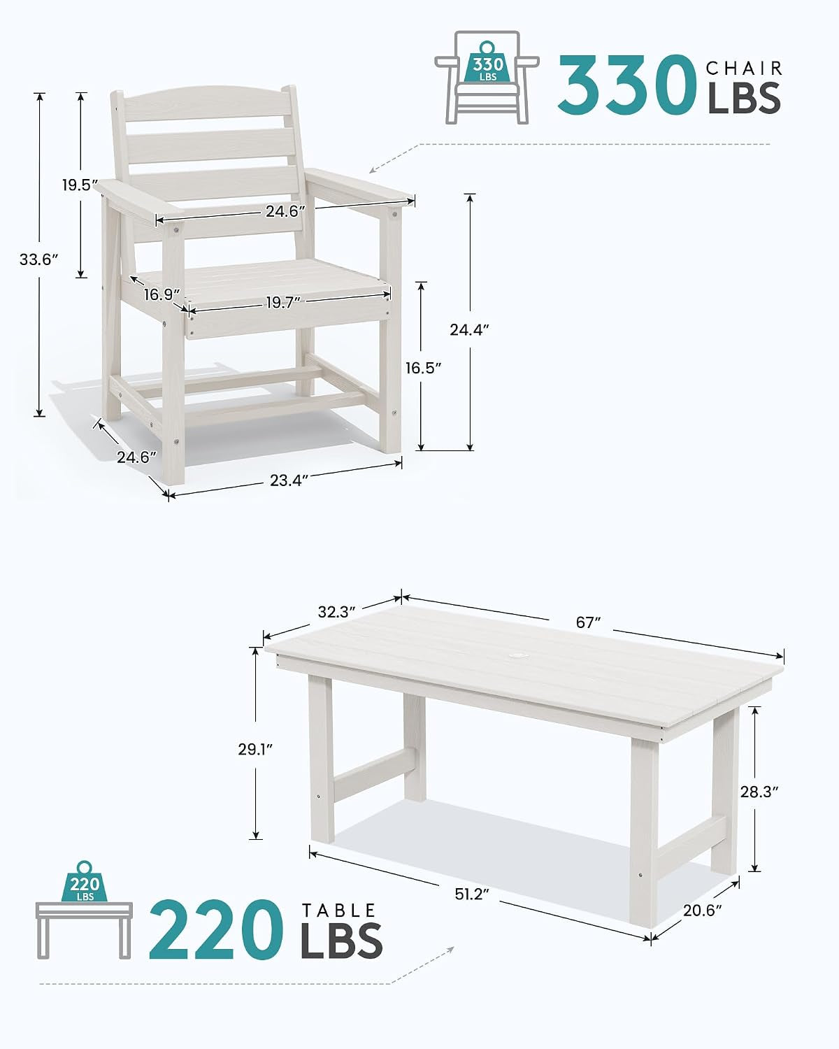 7 Pcs Outdoor Dining Set, 67" HDPE Dining Set for 6, White