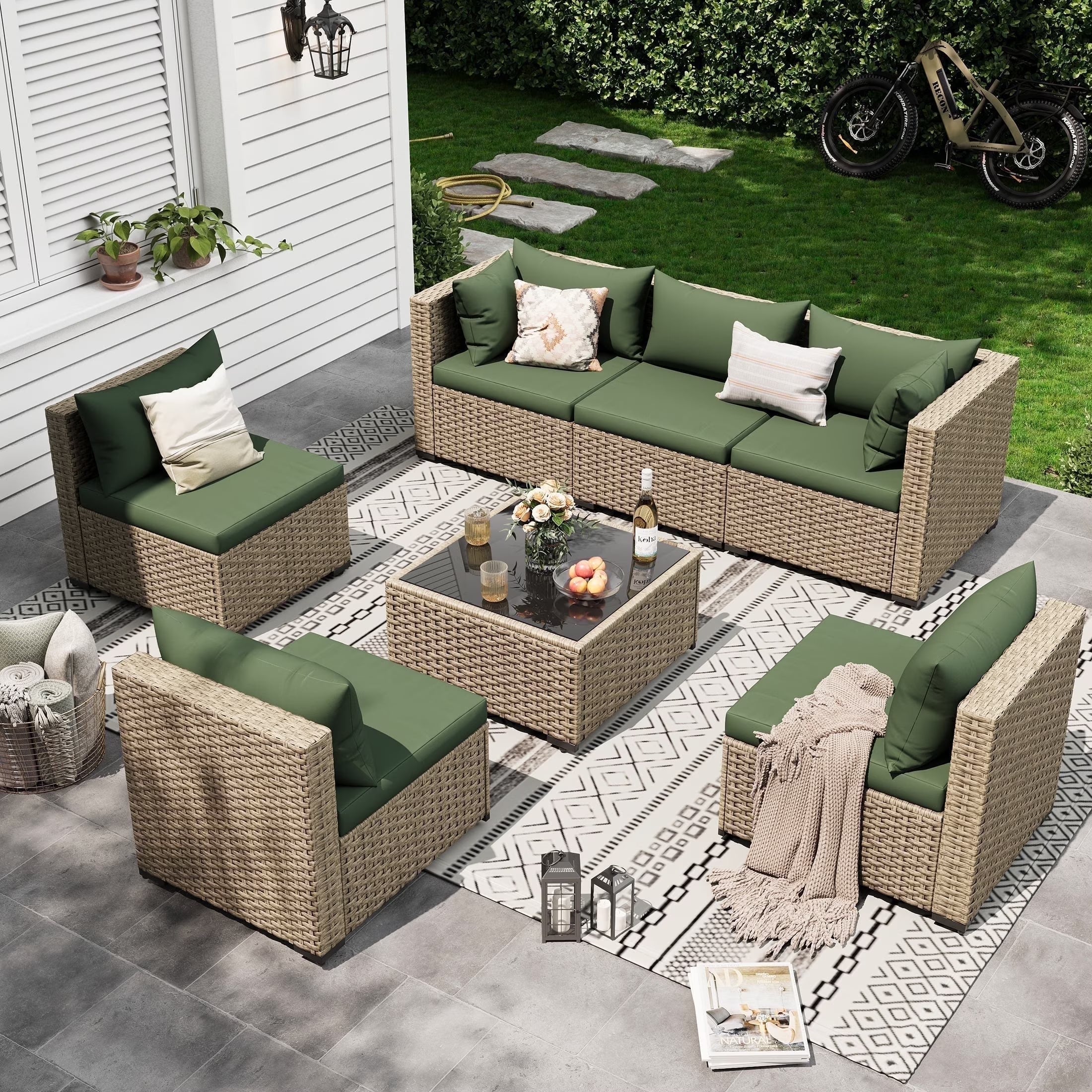 7 Pieces Outdoor Patio Furniture Set, Grey Rattan Wicker Outdoor Conversation Sectional Sofa Set with Cushions for Backyard, Green