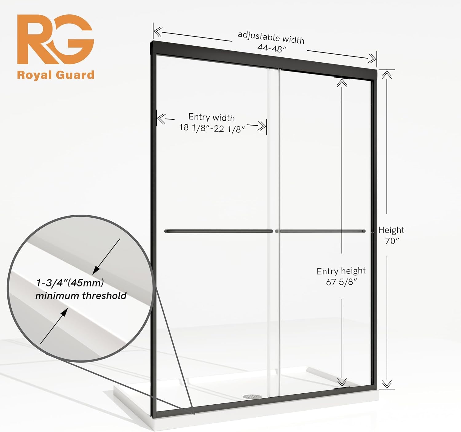 Double Sliding Shower Door,44-48" W X 70" H,Matte Black