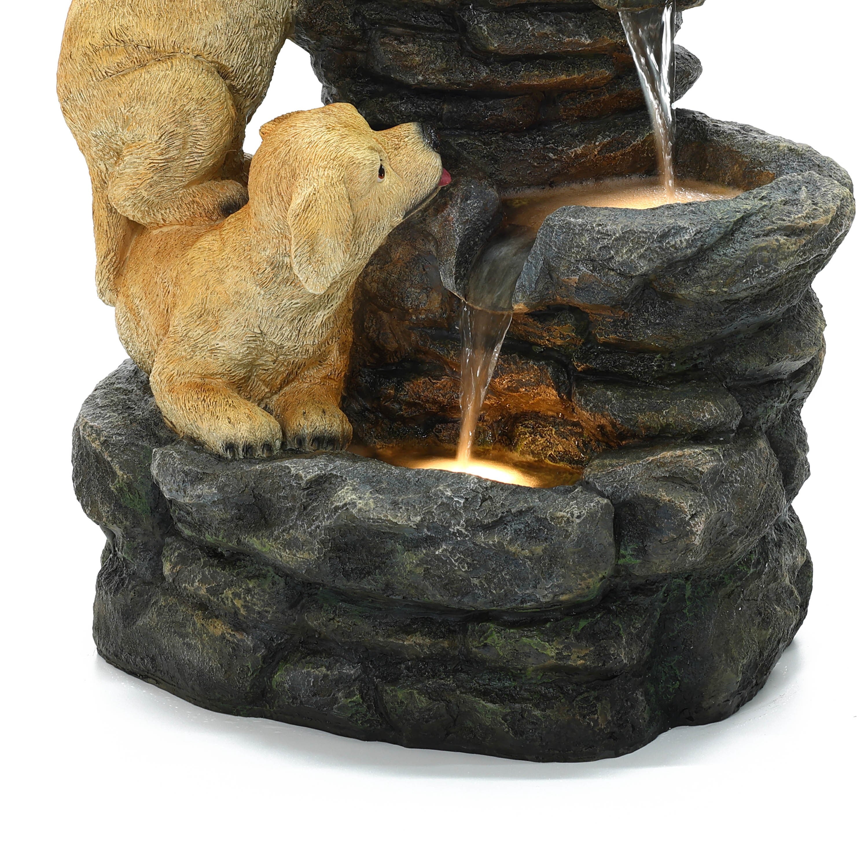 Outdoor Water Fountain, 26" Puppy and Rock Resin Water Fountains Indoor with LED Lights