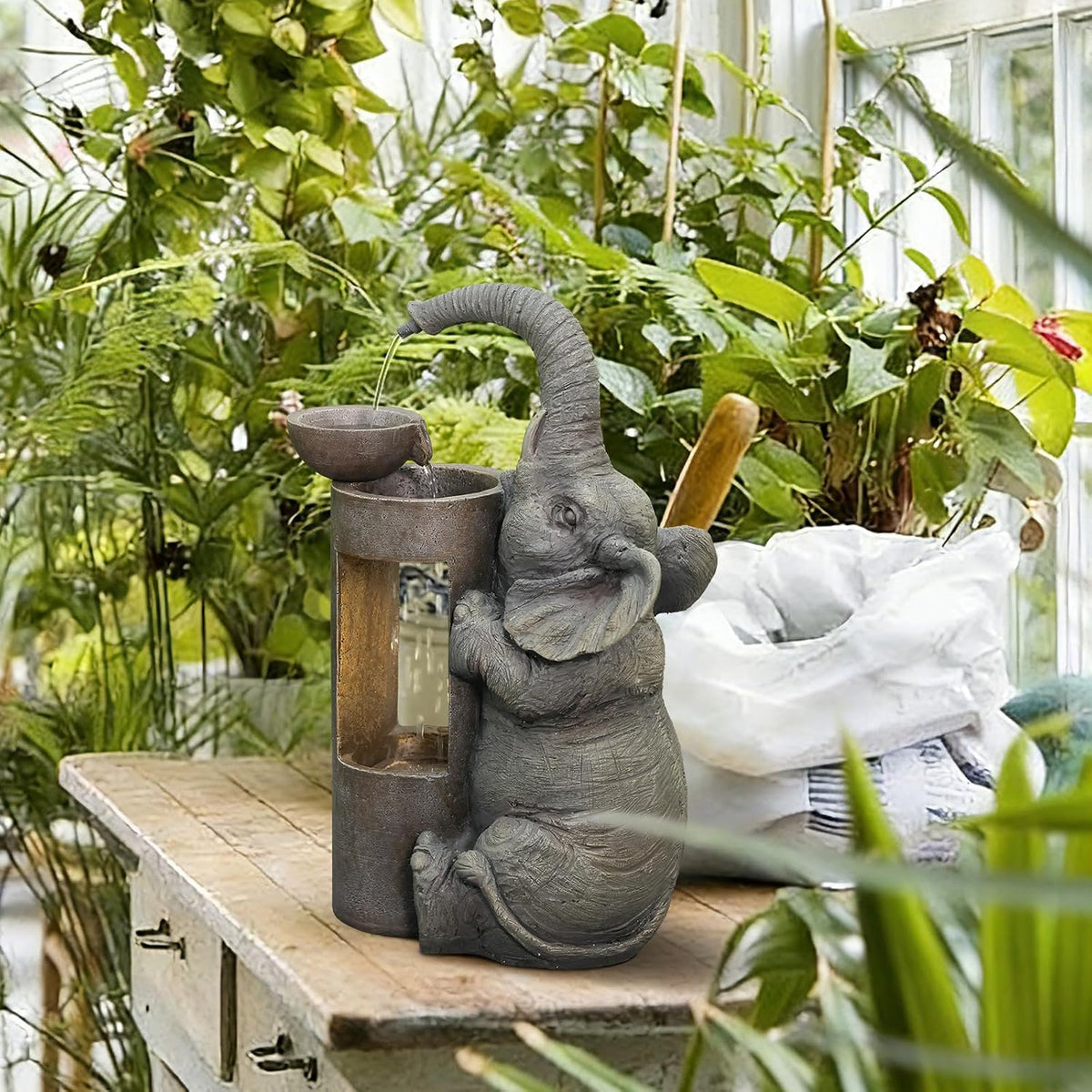 Elephant Waterfall Fountain for Indoor Desktop & Outdoor Use Small Garden Water Feature with LED Light Quiet Mini Cute Table Water Fountains for Patio, Yard, Home Decor