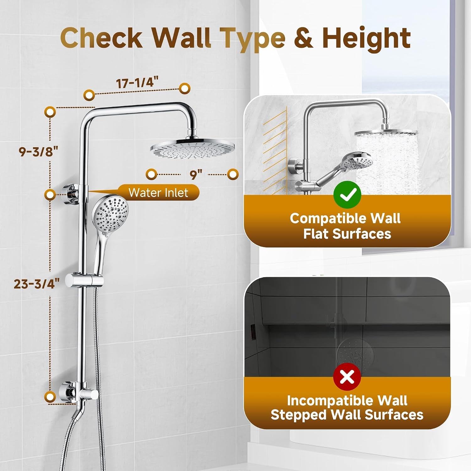 Rain Shower Heads System Including Rainfall Shower Head and Handheld Shower Head with Height Adjustable Holder, Solid Brass Rail, 60 Inch Long Stainless Steel Shower Hose, Chrome