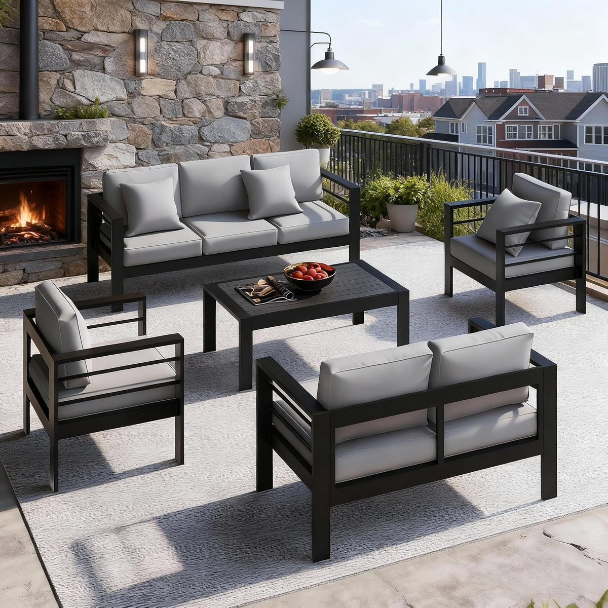 Patio Conversation Sets, Aluminum Outdoor Couch with Outdoor Coffee Table, All-Weather Metal Patio Couch with 5" Thick and Soft Cushion and Wide Arm, Outdoor Sofa Sets for Balcony, Porch, Light Gray