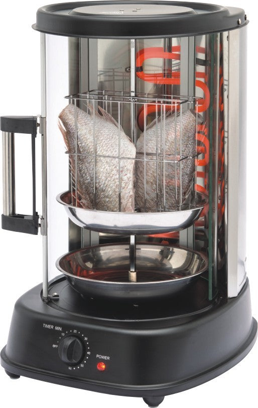 Two whole raw fish grilling in wire rack inside electric rotisserie, showcasing glowing orange U-shaped heating coils and
